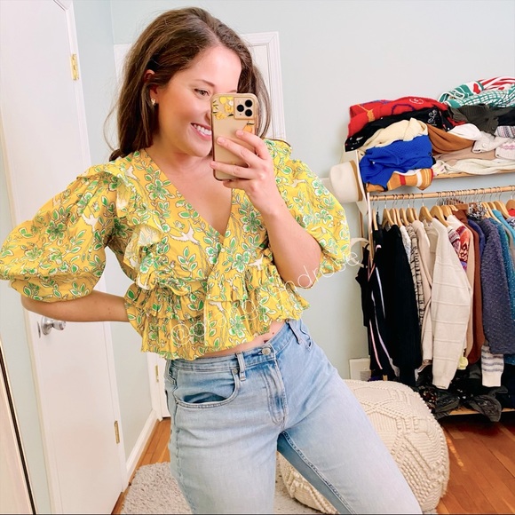 Rhode Tops - RHODE Resort Elodie Ruffle Cropped Yellow Green Cotton Puff Sleeve Top Blouse S